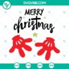 Disney Christmas SVG featuring Mickey Mouse hand holding "Merry Christmas" text. Festive design in PNG, DXF, and EPS formats for digital crafting.