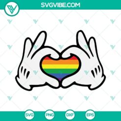 Rainbow heart pride SVG featuring Mickey Mouse hands in LGBT colors, ideal for digital design.
