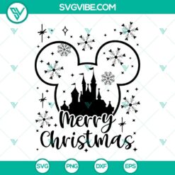 Mickey Mouse head Merry Christmas SVG design with Disney Christmas elements, PNG, EPS, DXF files for holiday crafting.
