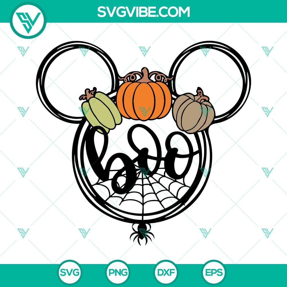 Mickey Head Pumpkin Halloween SVG, Disney Boo Halloween SVG PNG DXF EPS Files Mickey Mouse pumpkin and Disney Boo Halloween SVG images for festive decorations, transparent PNG format.