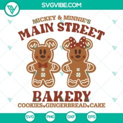 Mickey Minnie Gingerbread Man and Main Street Bakery Christmas SVG files for download, festive holiday design in PNG format.