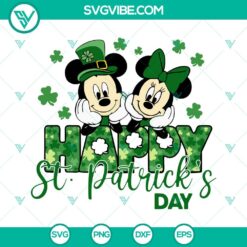 Mickey Minnie Happy St Patricks Day SVG Files with Lucky Shamrock, Disney themed design for St. Patrick's Day crafting projects.