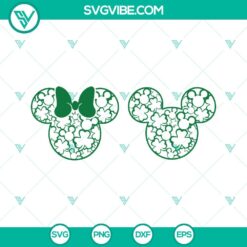 St. Patrick's Day Mickey Minnie Mouse head and four leaf clover SVG design for crafting projects.