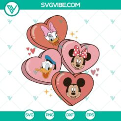 Disney Valentine's Day SVG files featuring Mickey, Minnie, Daisy, and Donald Duck designs for digital crafting projects.