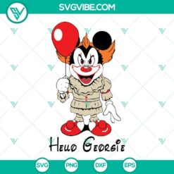 Mickey Mouse Pennywise Hello Georgie Halloween SVG featuring a spooky twist on a famous cartoon character design. Great for crafting projects.