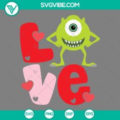 Mike Wazowski from Monsters Inc lovingly holding hearts, perfect for Valentine's Day. SVG, PNG, EPS, DXF files available for download.