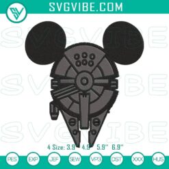 Millennium Falcon themed Mickey Mouse ears embroidery design, Disney Star Wars file, ideal for craft projects and Disney fans.