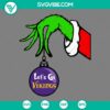 Minnesota Vikings themed Grinch hand holding Christmas ornament SVG file, perfect for holiday crafts and decorations.