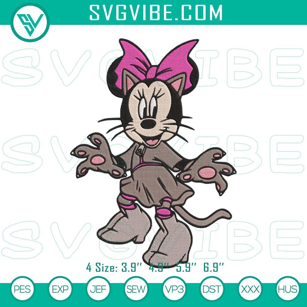 Minnie Cat Halloween Embroidery Design Files Halloween-themed embroidery design of a cute cat chasing a mouse, featuring fun festive cartoon pattern. Great for festive crafts and projects.