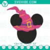 Halloween Minnie Mouse head with witch hat embroidery designs, perfect for spooky projects.