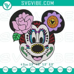 Minnie Mouse sugar skull embroidery design, Disney Day of the Dead file, vibrant and festive twist on a classic character.