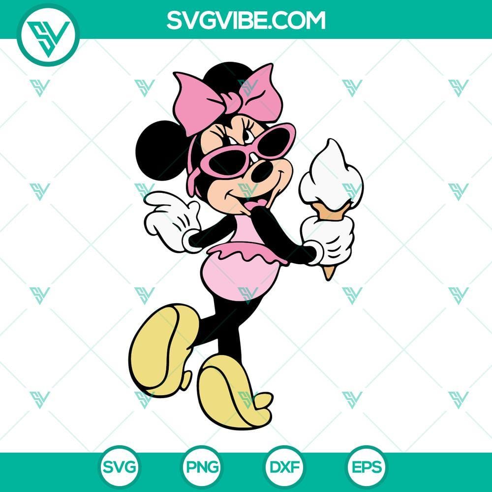minnie-mouse-summer-swimsuit-svg-minnie-sunglasses-with-ice-cream-svg-disney-vacation-svg-beach-svg-disneysea-trip-svg-png-dxf-eps-8-mockup.jpg Minnie Mouse summer swimsuit SVG featuring Minnie Mouse wearing sunglasses with ice, ideal for summer crafts and designs.
