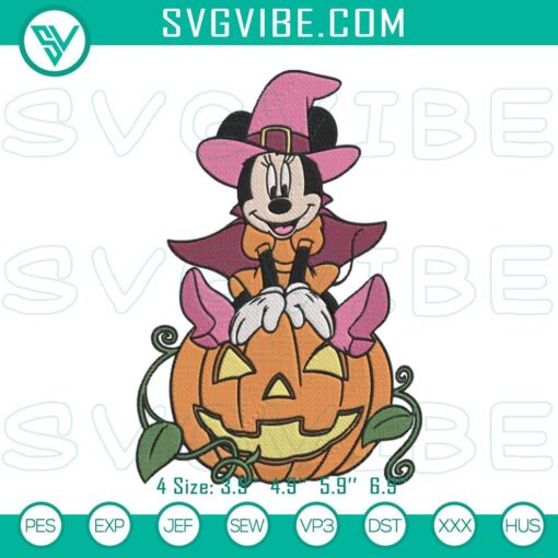 Minnie Mouse witch on pumpkin embroidery design for Halloween, Disney file.