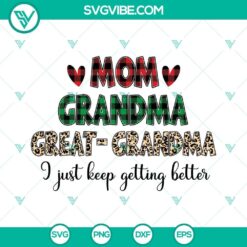 Mom Grandma SVG design with the text "Mom Grandma Great Grandma I Just Keep Getting" in a trendy style. Perfect for family-themed digital projects.