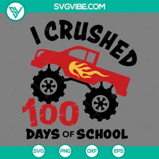 Monster truck design celebrating 100 days of school, available in SVG, PNG, EPS, and DXF file formats.