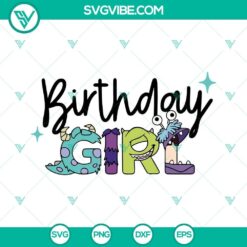 Monsters Inc themed birthday girl SVG with Mike and Sully characters, perfect for a birthday celebration, cute design.