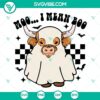 Cow ghost Halloween SVG with "Moo I mean Boo" text, perfect for Halloween designs.