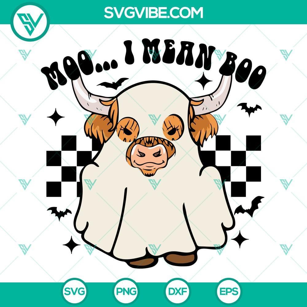Moo I Mean Boo SVG, Cow Ghost Halloween SVG, Halloween Highland Cow SVG Cow ghost Halloween SVG with "Moo I mean Boo" text, perfect for Halloween designs.
