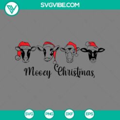 Mooey Christmas SVG with cows wearing Santa hats on Merry Christmas design in PNG EPS DXF files, perfect for holiday crafting.