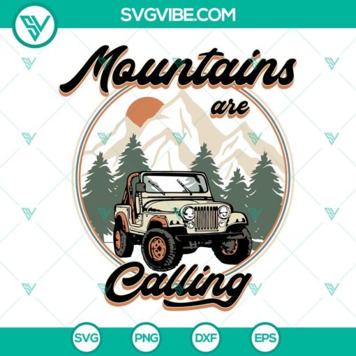 Mountains Are Calling Jeep SVG: Retro sunset forest design with a mountain in digital SVG format. Perfect for outdoor enthusiasts.