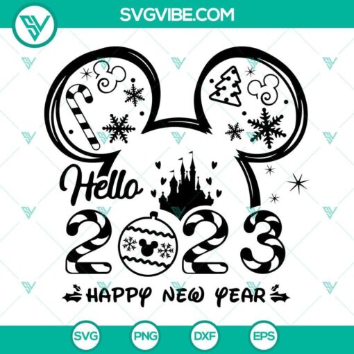 Mouse Ears Happy New Year 2023 SVG and Hello 2023 SVG design with cheerful festive theme, perfect for New Year's digital projects.