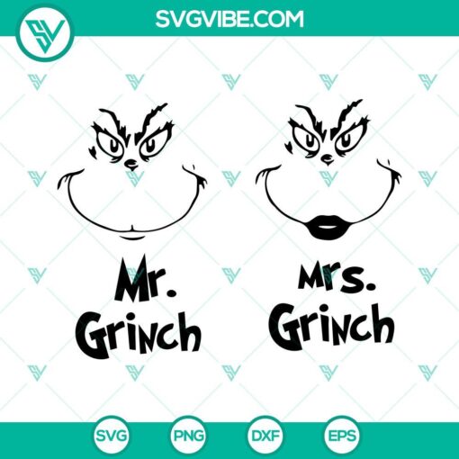 Mr and Mrs Grinch Christmas SVG bundle ideal for holiday crafts, decorations, cards. High-quality digital file for crafters.