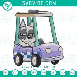 Muffin driving a police car embroidery design, featuring Bluey cartoon character file for digital usage.