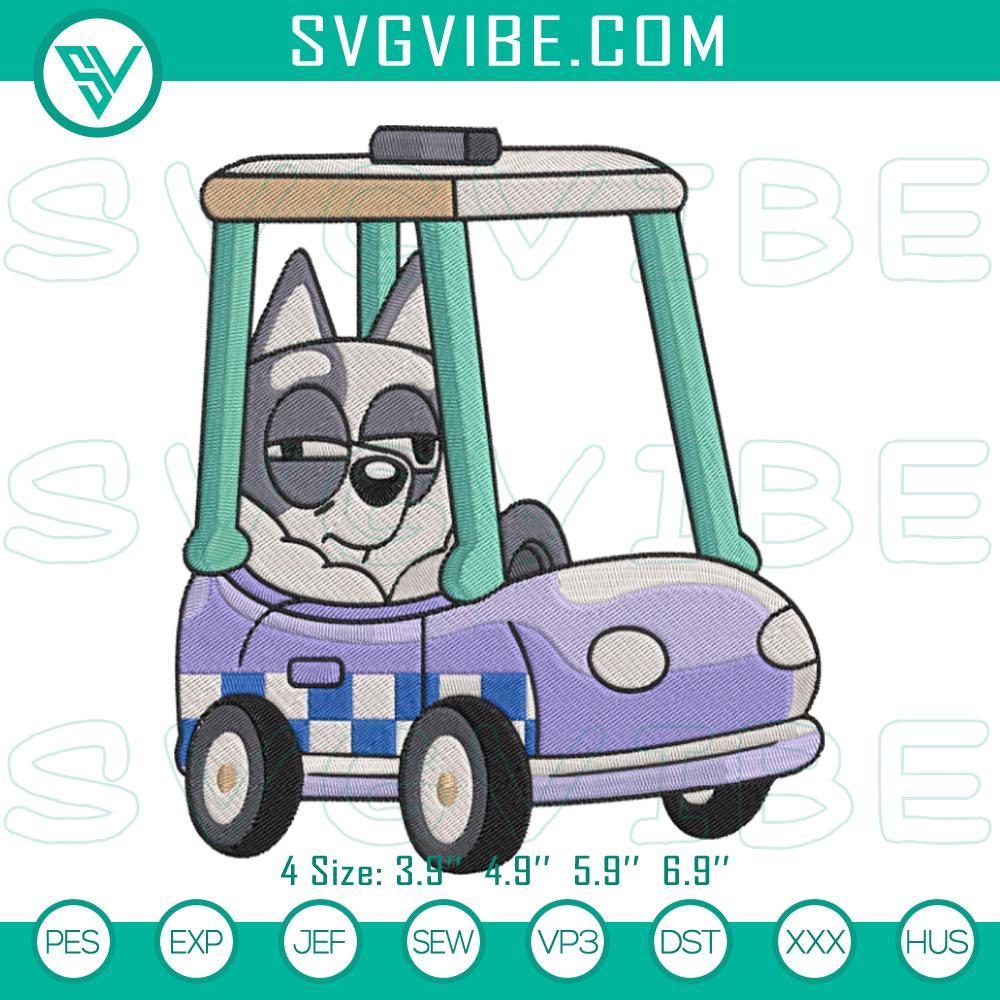 Muffin Driving A Police Car Embroidery Files, Muffin Bluey Embroidery Designs Muffin driving a police car embroidery design, featuring Bluey cartoon character file for digital usage.