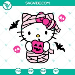 Mummy Hello Kitty Halloween SVG with Pink Pumpkin, perfect for Halloween crafts and decorations.