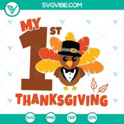 Boys' My 1st Thanksgiving SVG file with cute holiday graphics in blue, perfect for baby's first Thanksgiving outfit.