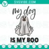 Halloween dog ghost embroidery designs featuring "My Dog Is My Boo" pattern, perfect for spooky-themed crafting projects.