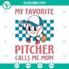 Vintage baseball mom SVG design with "My Favorite Pitcher Calls Me Mom" text, perfect for retro style crafts. Downloadable digital product.
