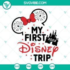 Disney family trip 2023 SVG featuring Mickey and Minnie Mouse with castle design. Perfect for vacation memories.