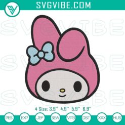 Cute My Melody face embroidery design file, perfect for digital crafting projects, adorable pink character with floral accents.