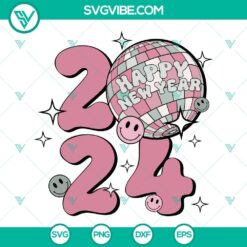 Smile face disco ball Happy New Year 2024 SVG file with PNG, EPS, and DXF formats for digital crafting and design projects.