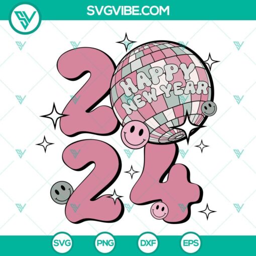Smile face disco ball Happy New Year 2024 SVG file with PNG, EPS, and DXF formats for digital crafting and design projects.