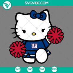 New York Giants-themed Hello Kitty cheerleader cut files in SVG, PNG, DXF, and EPS formats for digital crafting.
