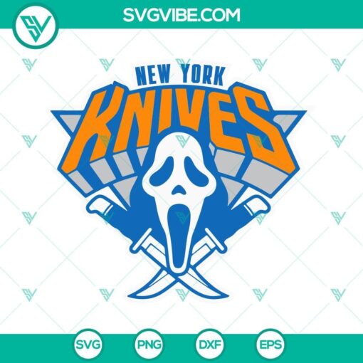 New York Knicks Ghostface SVG with iconic logo in scream style, perfect for fan apparel and digital crafting projects.