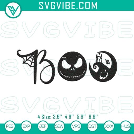 Spooky Jack Skellington Boo embroidery design, Nightmare Before Christmas file for Halloween crafts.