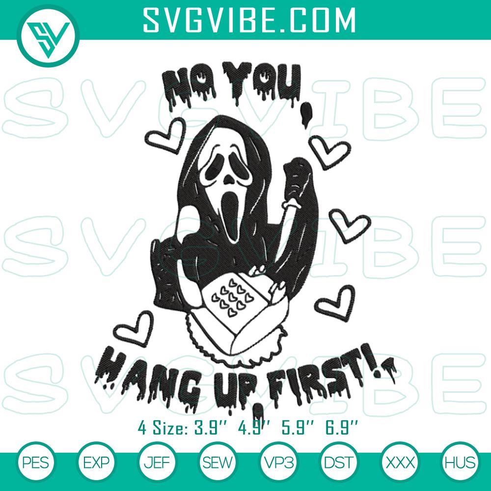 no-you-hang-up-first-embroidery-designs-ghostface-scream-halloween-embroidery-files-mockup.jpg Embroidery designs of Ghostface from Scream movie for Halloween files, No You Hang Up First theme. Perfect for spooky crafts.