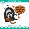 Ghost Face Scream embroidery design for horror movie fans with a "No You Hang Up First" twist, stitch pattern for crafts.