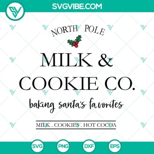 North Pole Milk And Cookie Co SVG File featuring Santa's favorite baking themed graphics, perfect for holiday crafts and decorations.
