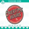 Oliver Anthony embroidery design featuring "Working All Day Overtime Hours" pattern with clock and office motifs on black fabric.