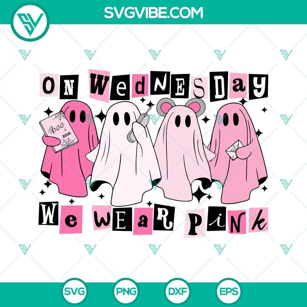 On Wednesday We Wear Pink SVG, Ghost Pink Halloween SVG, Ghost We Wear Pink SVG Pink Halloween ghost-themed SVG design featuring the text "On Wednesday We Wear Pink", perfect for Halloween crafts and decorations.