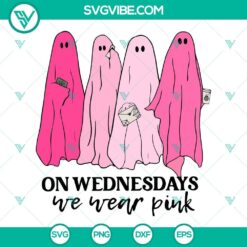 Pink ghost girl Halloween SVG with "On Wednesdays We Wear Pink" quote, perfect for spooky crafts and projects.