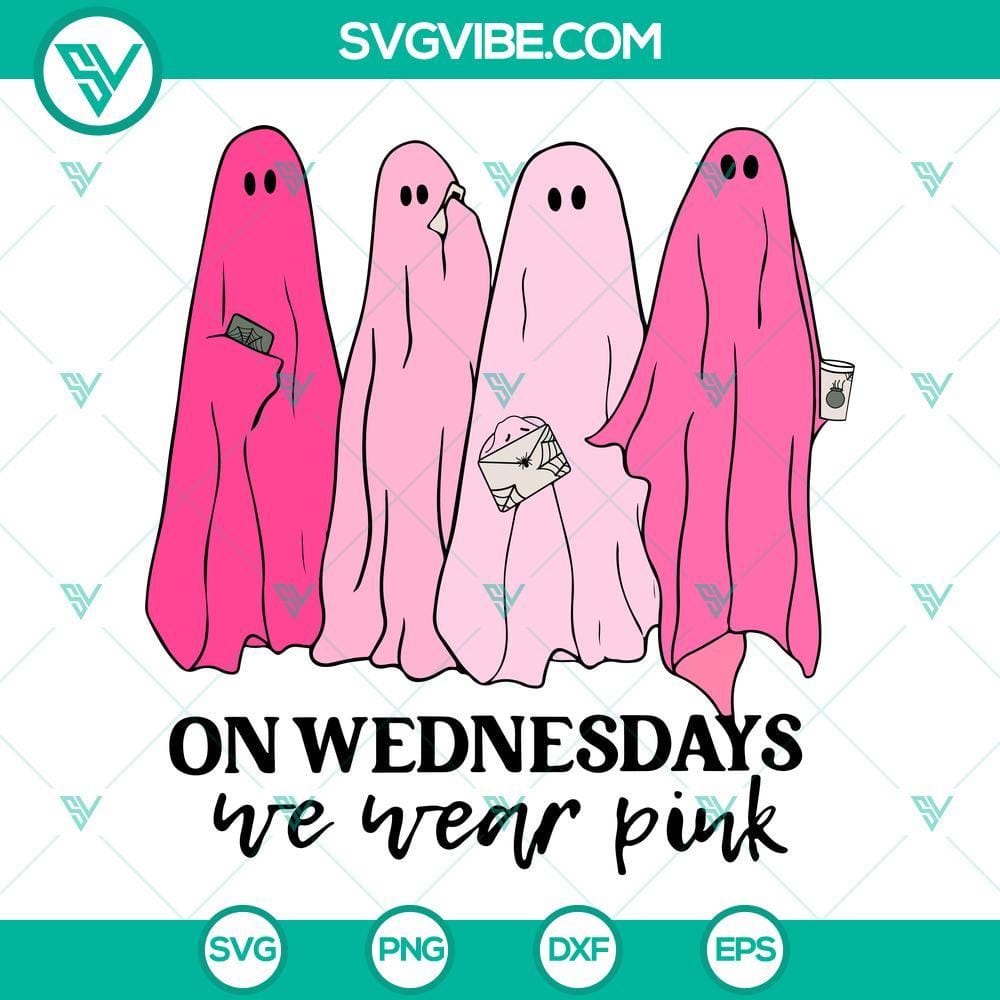 on-wednesdays-we-wear-pink-svg-pink-ghosts-svg-girl-halloween-svg-png-dxf-eps-cricut-6-mockup.jpg Pink ghost girl Halloween SVG with "On Wednesdays We Wear Pink" quote, perfect for spooky crafts and projects.