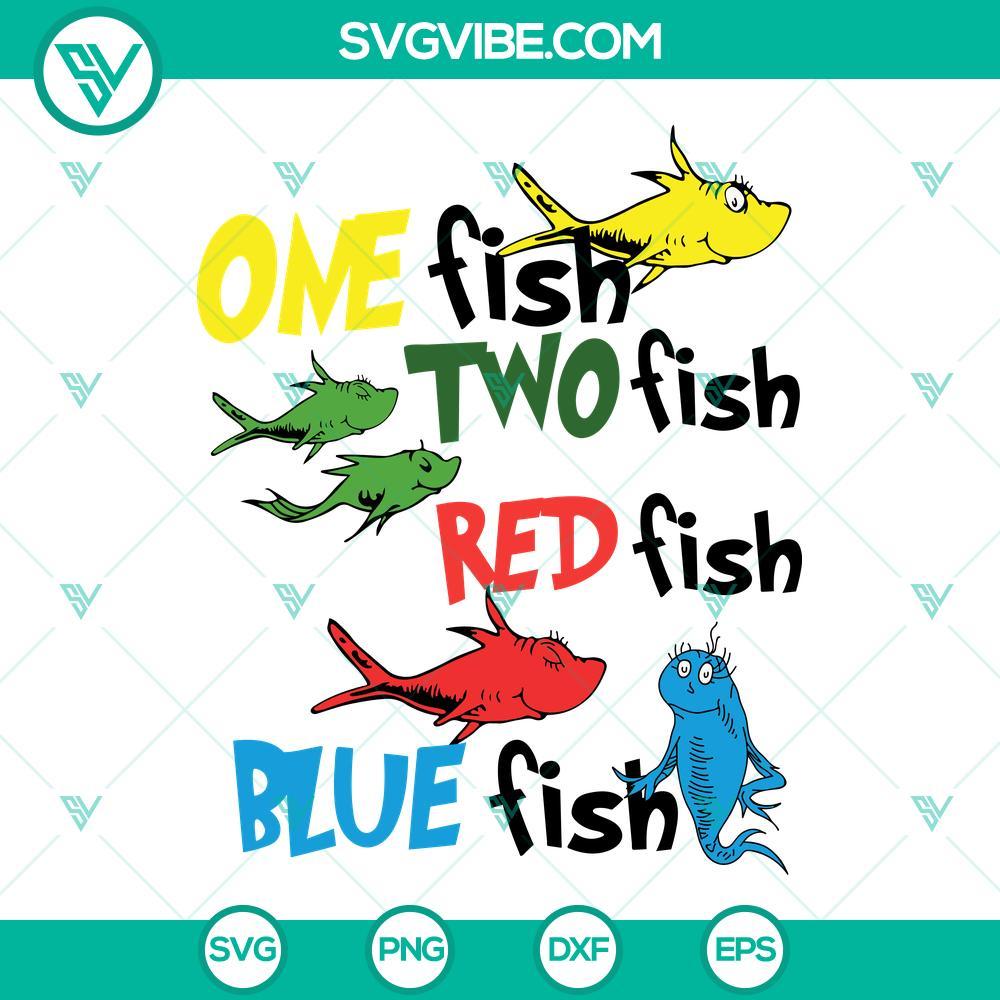 One Fish Two Fish Red Fish Blue Fish SVG, Dr Seuss SVG, Read Across America SVG Dr Seuss inspired SVG images featuring One Fish Two Fish Red Fish Blue Fish designs for crafts.