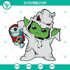Oogie Boogie Baby Yoda SVG design featuring Baby Yoda as Sally from Nightmare Before Christmas. Cute and whimsical Star Wars character mashup.