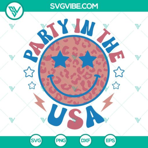 Leopard print smiley face with American flag sunglasses, 4th of July SVG download for retro party theme.