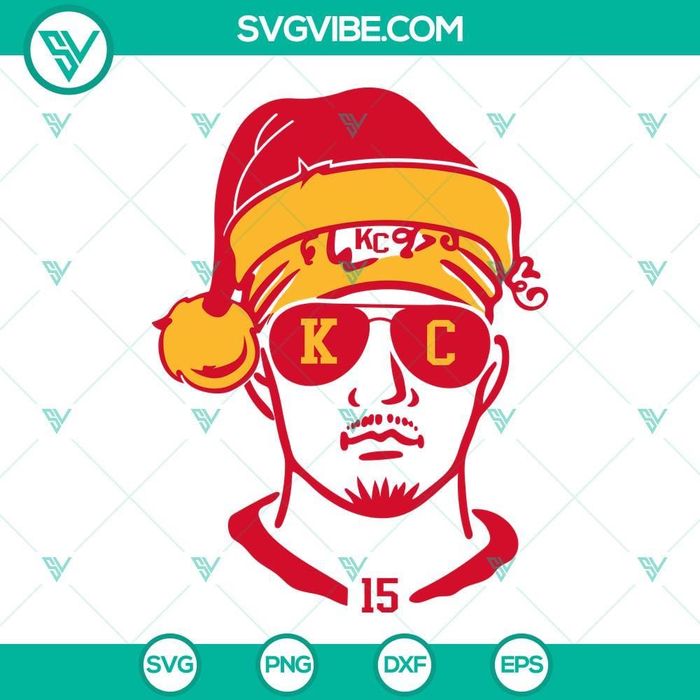 Patrick Mahomes With Christmas Hat SVG PNG DXF EPS Cut Files Patrick Mahomes Christmas hat cut files in multiple formats for digital use, perfect for NFL football fans.